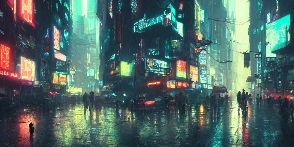 Image similar to Scene of a cyberpunk city in the rain during midnight, neon glow, 4k, cozy wallpaper, trending on Artstation, award-winning, art by Greg Rutkowski