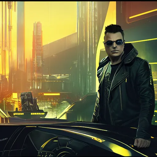 Image similar to ominous, imposing portrait of Elon Musk as a cyberpunk 2077 loading screen, imposing, symmetry, front view, intricate, studio, art by anthony macbain + greg rutkowski + alphonse mucha, concept art, 4k, sharp focus