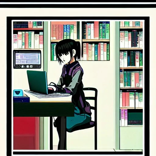 Image similar to full view of girl studying at her future computer, from serial experiments lain, style of yoshii chie and hikari shimoda and martine johanna and studio ghibli, highly detailed