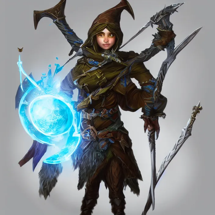 Image similar to an elf ranger with weapons drawn facing a glowing blue orb, fantasy concept art, trending on artstation, video game concept art, highly detailed, cinematic lighting, digital art, dark fantasy