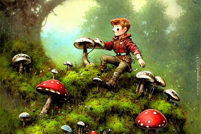 Image similar to adventurer ( ( ( ( ( 1 9 5 0 s retro future robot android boy in forrest of giant mushrooms, moss and flowers stone bridge. muted colors. ) ) ) ) ) by jean baptiste monge!!!!!!!!!!!!!!!!!!!!!!!!! chrome red