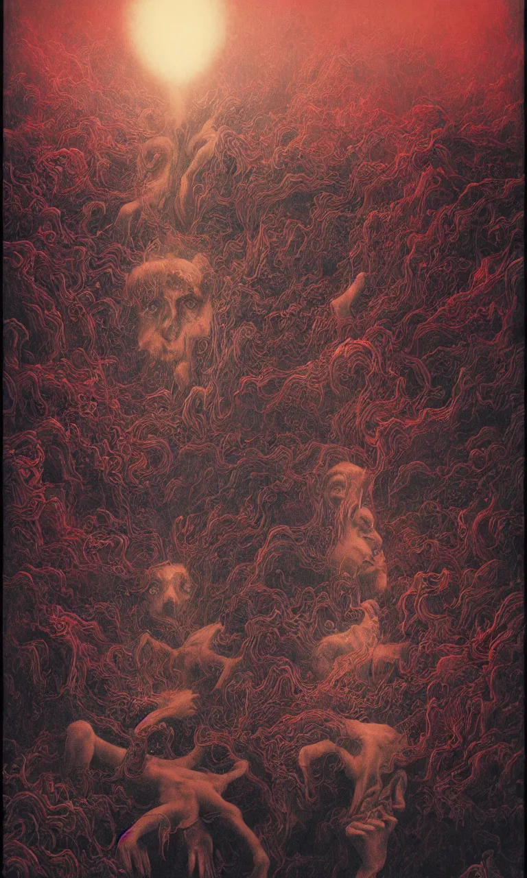 Image similar to zhongyuan festival, chinese ghost festival, king of hell, inside page of comic book, psychedelic lights and fog, in the style of zdzislaw beksinski, ayami kojima, takato yamamoto, barclay shaw, karol bak, glowing light and shadow, hyperrealist