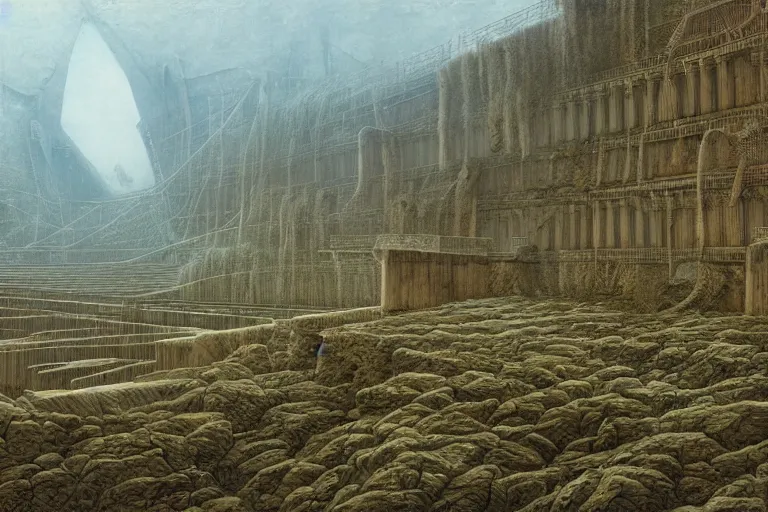 Prompt: intricate, 3 d, vast abandoned dam, style by caspar david friedrich and wayne barlowe and ted nasmith.