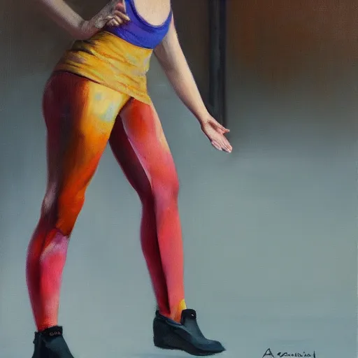 Image similar to realistic oil painting of athletic woman, woke up to yoga pants and uggs boots, alexis flower, wlop, rutkowski, hopper