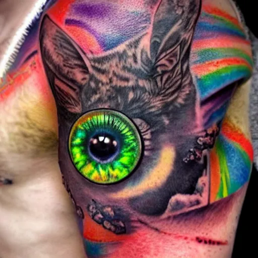 Prompt: shoulder tattoo of a multicolored trippy bushbaby with rainbow colored spiral eyes, surrounded with a ring of colorful shrooms, insanely integrate