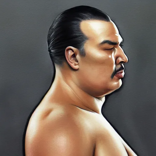 Image similar to tattoo design, a professional painting of a beautiful young obese steven seagal, partially clothed in battle armor, olive skin, long dark hair, beautiful bone structure, symmetrical facial features, intricate, elegant, digital painting, concept art, smooth, sharp focus, illustration, from Metal Gear, by Ruan Jia and Mandy Jurgens and Greg Rutkowski and Artgerm and William-Adolphe Bouguerea and artgerm, cat girl, anime