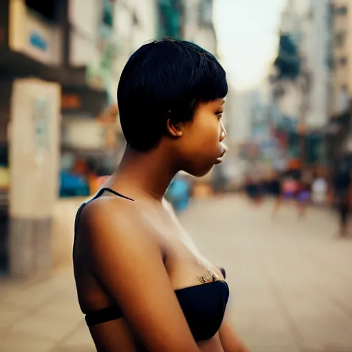 Image similar to portrait of a beautiful gorgeous black edgy model girl with short hair, bikini, she's sad, sunset, street of hong kong, 8 0 mm lens, 1. 2 aperture, kodak 5 2 1 9, grainy image, close up, cinematic light, very detailed, depressing atmosphere, cover magazine
