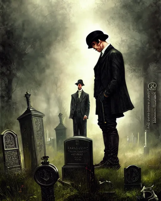 Prompt: sherlock holmes standing in a graveyard, night, detailed, hd, dramatic lighting, by tom bagshaw, by fintan magee, by raymond swanland, by sherree valentine daines