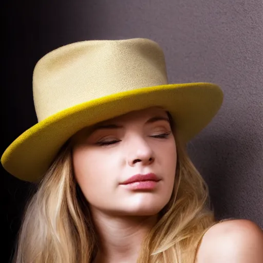 Image similar to portrait of 2 0 - year - old woman with angle lost profile looking away, medium yellow blond hair, character with a hat, hair comes out of the hat a little