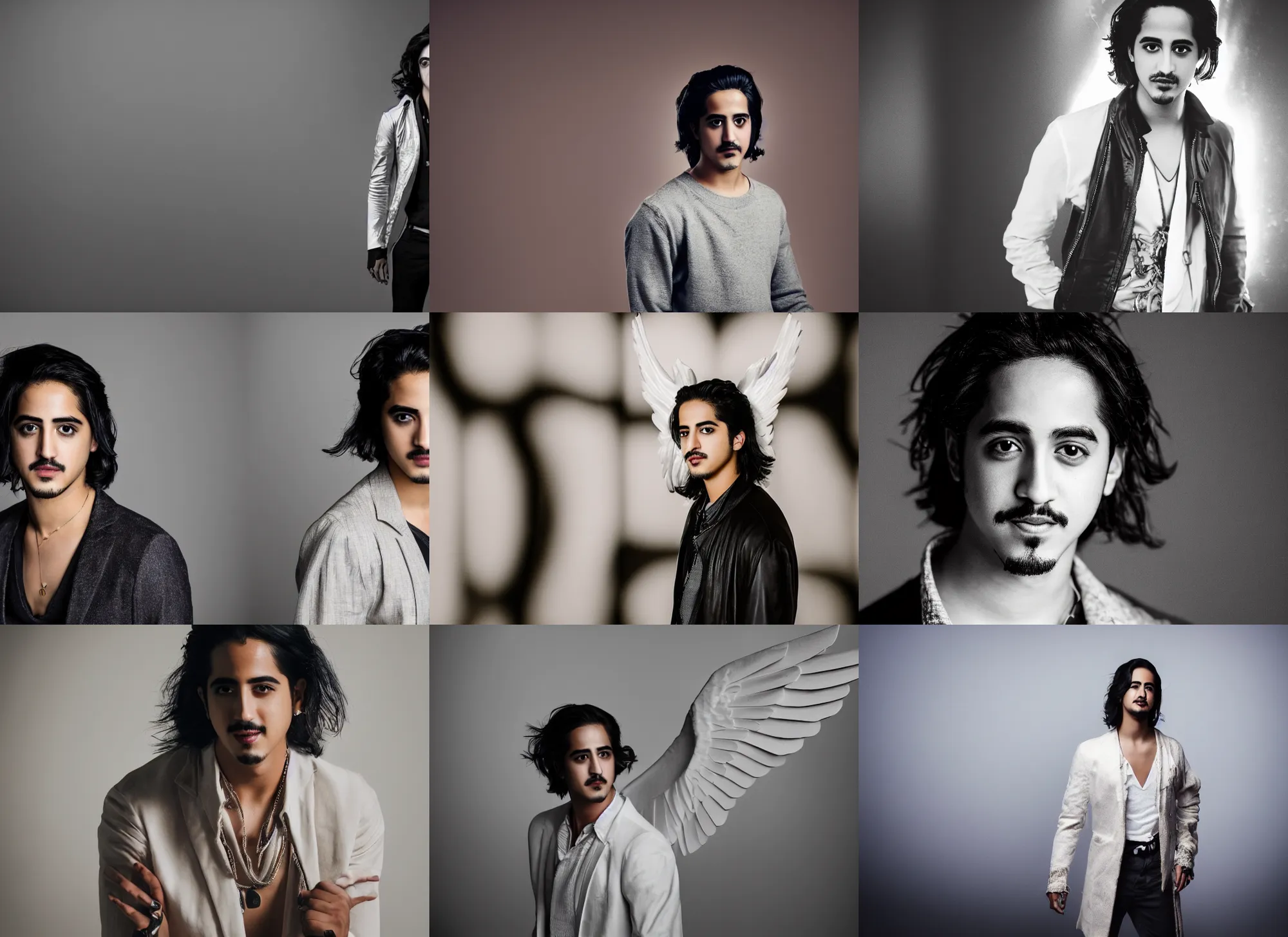 Prompt: photo still of avan jogia as an angel, 8 k, studio lighting bright ambient lighting key light, 8 5 mm f 1. 8