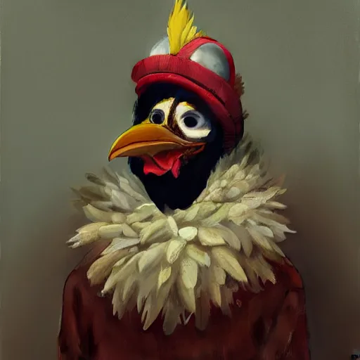 Image similar to scary portrait of an asian man dressed as a chicken, the chicken man, man dressed as a chicken, highly detailed painting by sergey kolesov, 8 k, man dressed as a chicken