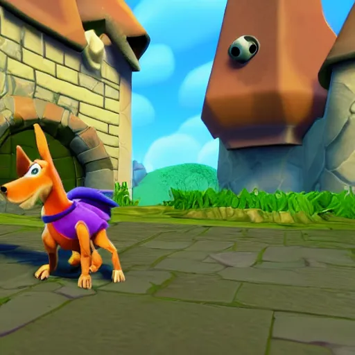 Image similar to screenshot of a cute humanoid dog as an npc in spyro the dragon video game, with playstation 1 graphics, activision blizzard, upscaled to high resolution