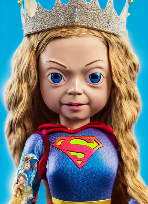 Image similar to closeup face profile portrait of a tin toy greta thunberg as supergirl as a fairytale princess wearing a crown, bikini, depth of field, zeiss lens, detailed, fashion photoshoot, by nicoletta ceccoli, mark ryden, lostfish, breathtaking, 8 k resolution, extremely detailed, beautiful, establishing shot, artistic, hyperrealistic, octane render
