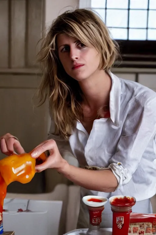 Image similar to melanie laurent pouring a vat of ketchup on herself