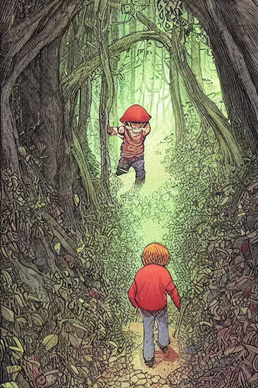 Prompt: young boy entering a huge mysterious and ominious forest, path, mushrooms, very graphic illustration by jean giraud, drawing, yoshitaka amano vibe, clean line, colorful comics style