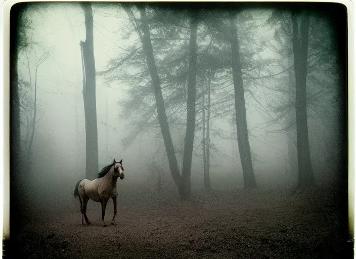 Image similar to medium shot, an evil horse is walking, woods, horror, fog, the horse is breathing smoke, polaroid photo, vintage, neutral colors, by gregory crewdson,