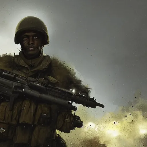 Prompt: Portrait of a black modern British army soldier in full gear carefully moving through enemy territory, cinematic lighting, 4k, award-winning, by Greg Rutkowski