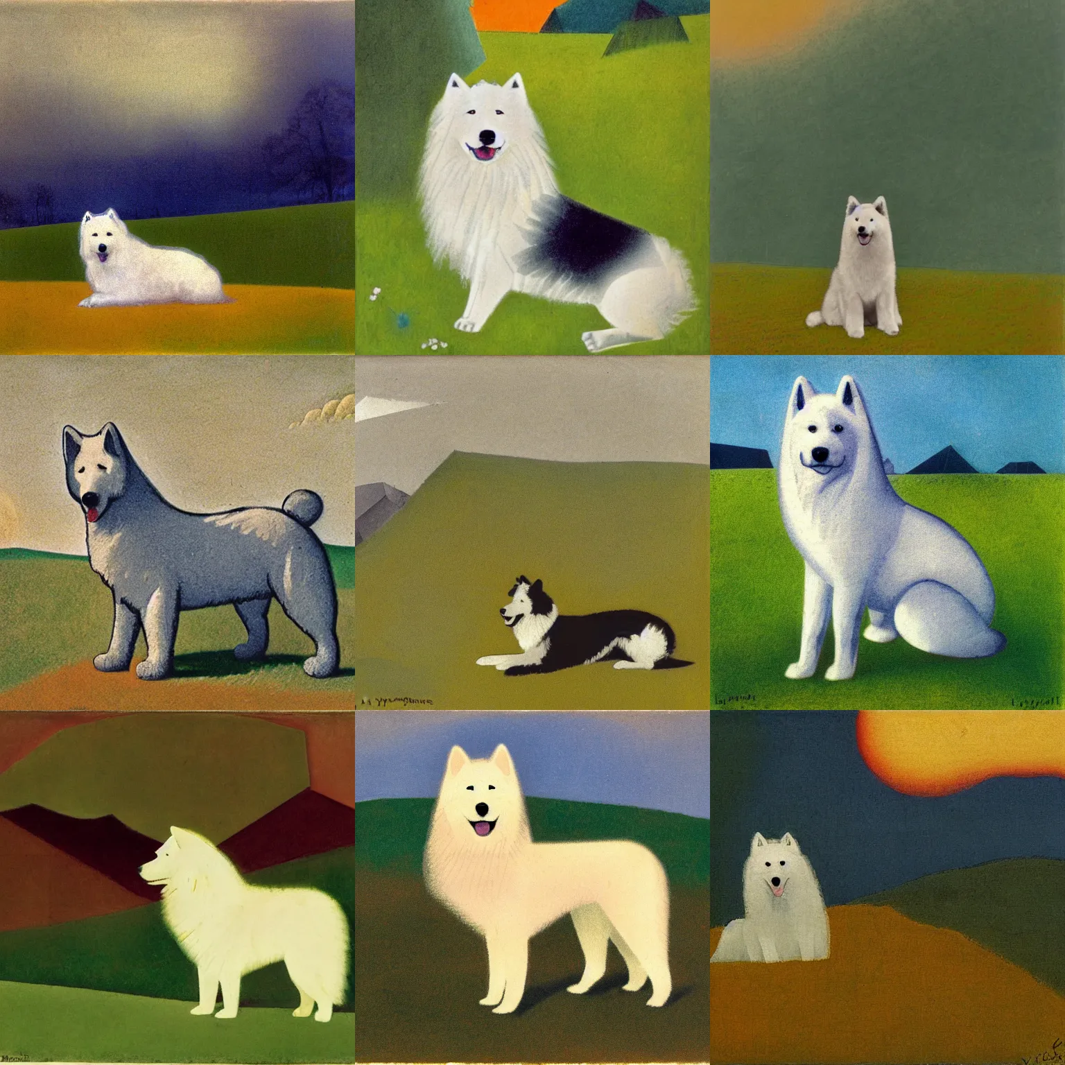 Prompt: a samoyed dog sitting in the middle of sunny meadow, by lyonel feininger