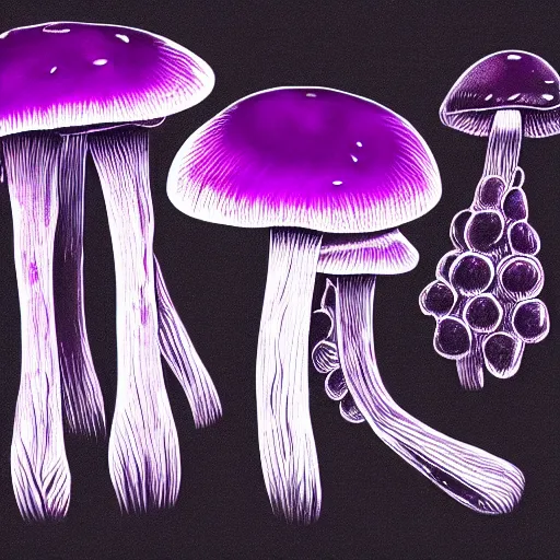 Image similar to mushrooms on a black background, purple internal glow, wallpaper, Illustration, Anatomical Drawing, Painting