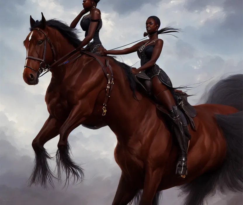 Prompt: full body portrait of beautiful black woman on horseback, beautiful clydesdale, highly detailed, digital painting, artstation, concept art, smooth, sharp focus, illustration, face by wlop, illustrated by mars ravelo and greg rutkowski