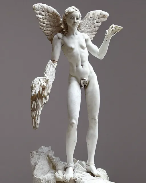 Prompt: marble sculpture of beautiful female angel with solarpunk mecha humanoid robotic parts with bright led lights, pudica pose gesture, by michelangelo, in white museum, ultra - realistic and intricate, hdr 8 k