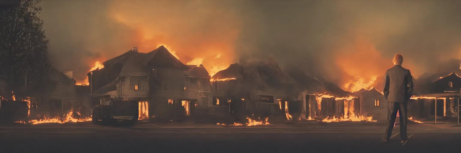 Prompt: detailed medium format photo, polaroid still from a scandinavian movie, sleazy man watching night streets while a single house burns in the background, haze, high production value, intricate details, 8 k resolution, hyperrealistic, hdr, photorealistic, high definition, tehnicolor, award - winning photography, masterpiece, amazing colors