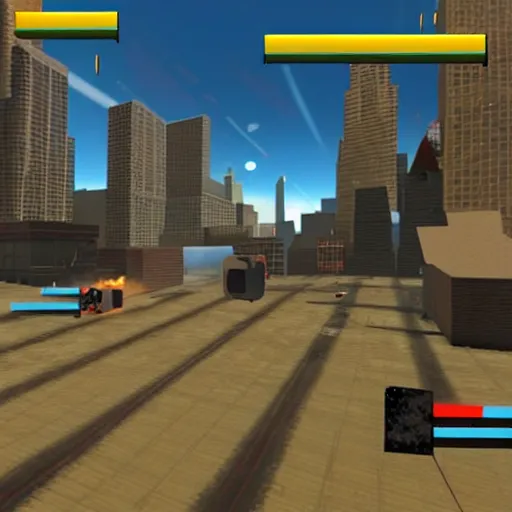 Prompt: a screenshot from the video game super 9 / 1 1, in which players control planes and intend to hit as many towers as possible, multiplayer party game, video game screenshot