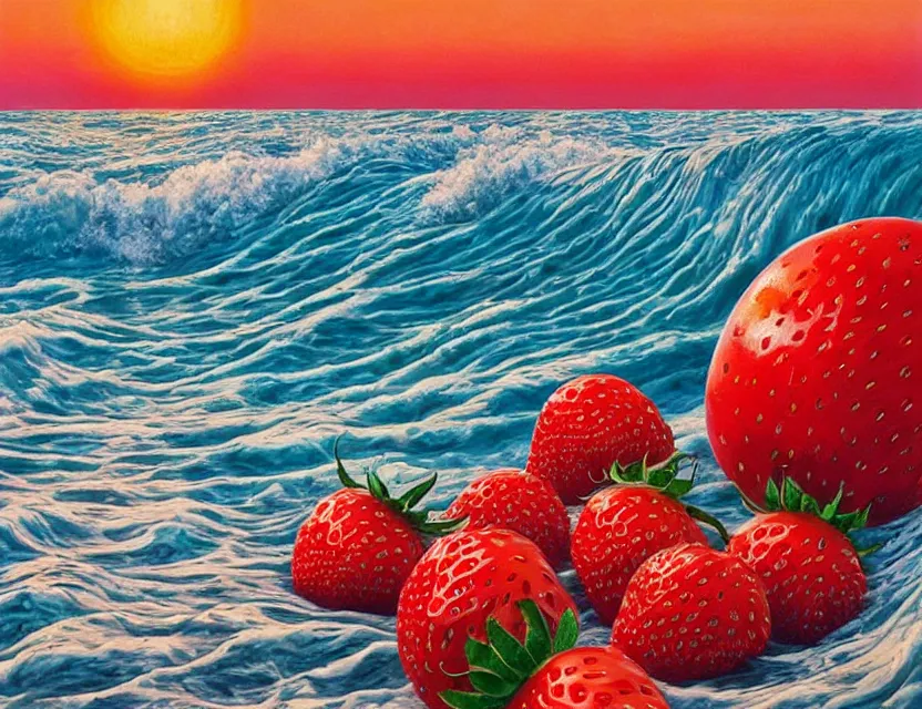 Prompt: a very detailed realistic oil painting with rough brush of a lazy red burned tomato with 1 0 googly eyes on a beach, big piles of strawberry icecream surfing into the sky, a sunset by james jean in japanese poster style