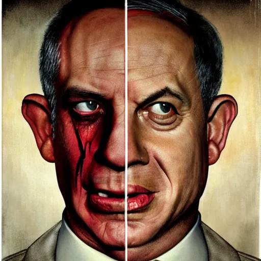 Image similar to portrait of benjamin netanyahu as the psycho killer, highly detailed, horror lighting, evil, by hugh kretschmer and norman rockwell