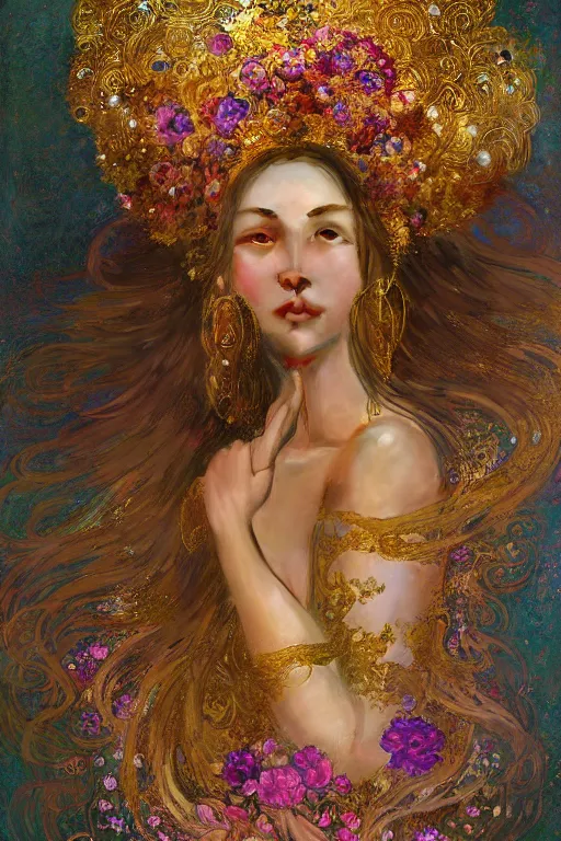 Image similar to an intricate painting of a beautiful young lady surrounded by flowing flower petals covered in silk clothes with klimt golden motives and textures, hyper detailed, ornamental gold headpiece, octane render, vivid colors, artstation, by jeremy mann, by alphonse mucha, by boris vallejo