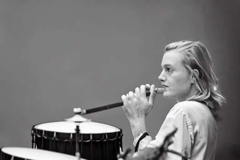 Prompt: A photo of The Prime Minister of Sweden, Magdalena Andersson, playing a drums on stage. character photography, Exquisite detail, post-processing, moody light, bokeh, photorealistic. Photo by Stanley Kubrick