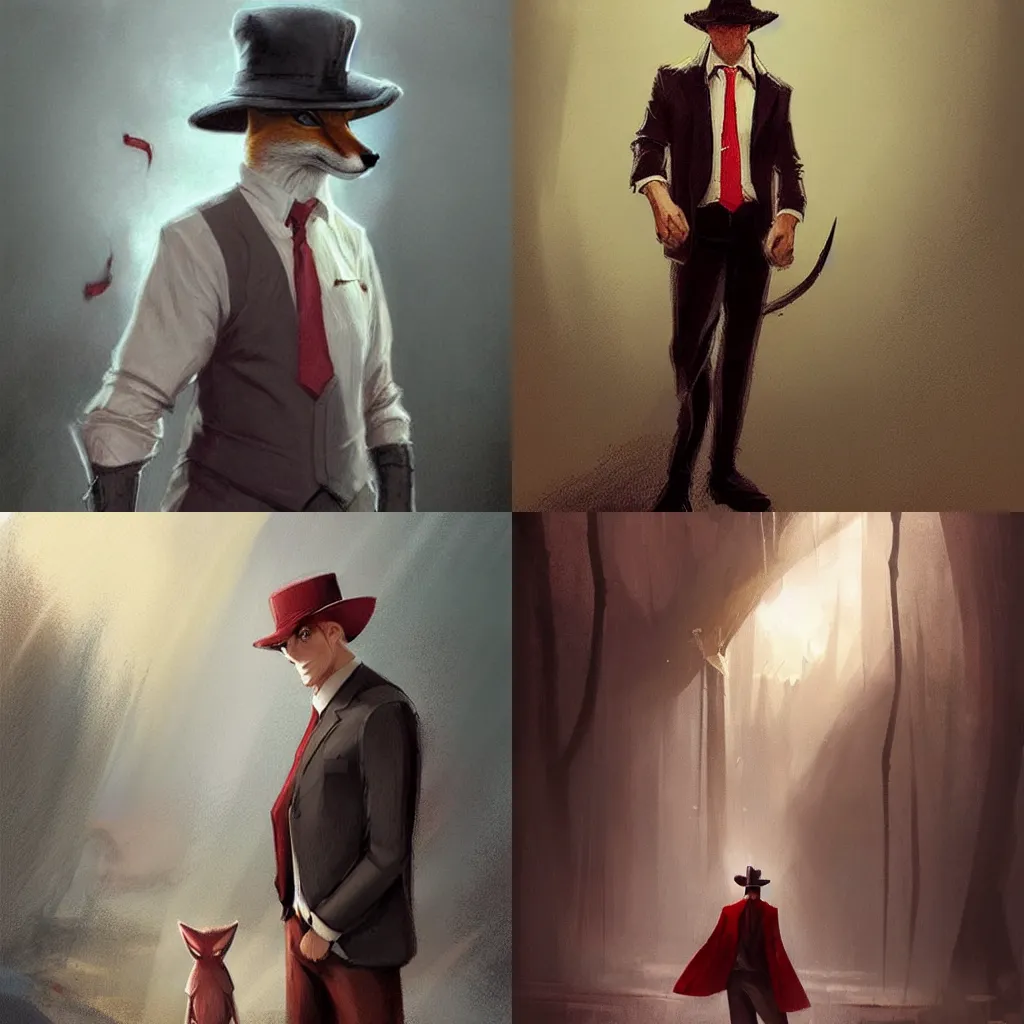 Prompt: magical,A fox wearing a Mafia Hat a red Tie and a white shirt , fantasy concept art by J.Dickenson and Greg Rutkowski