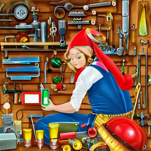 An elf wearing overalls tinkering with a gadget in her | Stable ...