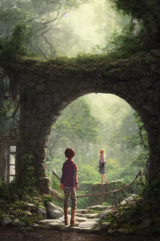 Image similar to a highly detailed matte painting of a teenager with shaggy hair and hip clothes standing in front of a stone gate in the elven forest ruins, by studio ghibli, by artgerm, by wlop, by greg rutkowski, red tones, volumetric lighting, octane render, 4 k resolution, trending on artstation, masterpiece