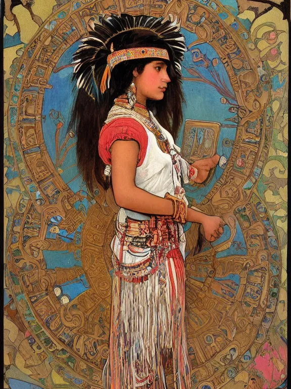 Prompt: an art nouveau painting of a pretty young native mayan woman dressed in a traditional, modest coat of beads and feathers and an elaborate headdress, in front of an aztec calendar, intricate, detailed, smooth, complex, elaborate, by alphonse mucha and james gurney and john william waterhouse