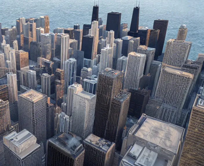 Image similar to 4 k hd, high detail photograph of chicago, shot with sigma f / 4. 2, 2 5 0 mm sharp lens, wide shot, volumetric lighting, high level texture render, unreal engine