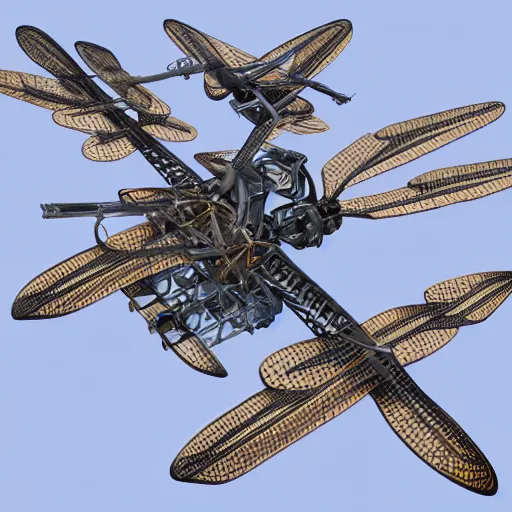 Image similar to a mechanized dragonfly with wings spread out, landing gear for legs orthographic view, top down view, bottom view, side view, blueprints, apache chopper, mecha, helicopter, space shuttle, robotic, highly detailed, artstation, super realistic, unreal engine