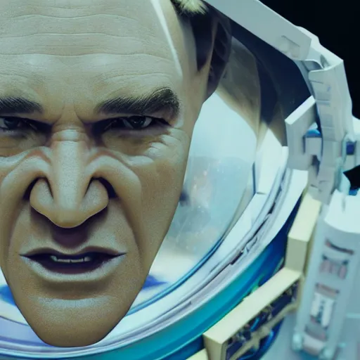 Image similar to hyperrealistic film still of quentin tarantino in space, stunning 3 d render, inspired by istvan sandorfi & greg rutkowski & unreal engine, imperfect facial symmetry, dim volumetric cinematic lighting, 8 k octane comprehensive render, extremely hyper - detailed, incredibly lifelike attributes, intricate, real flesh texture, masterpiece, artstation, stunning,