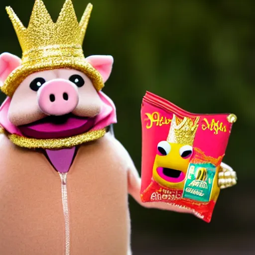 Image similar to pig wearing a gold crown as a Muppet holding an arm full of different snack bags 8k