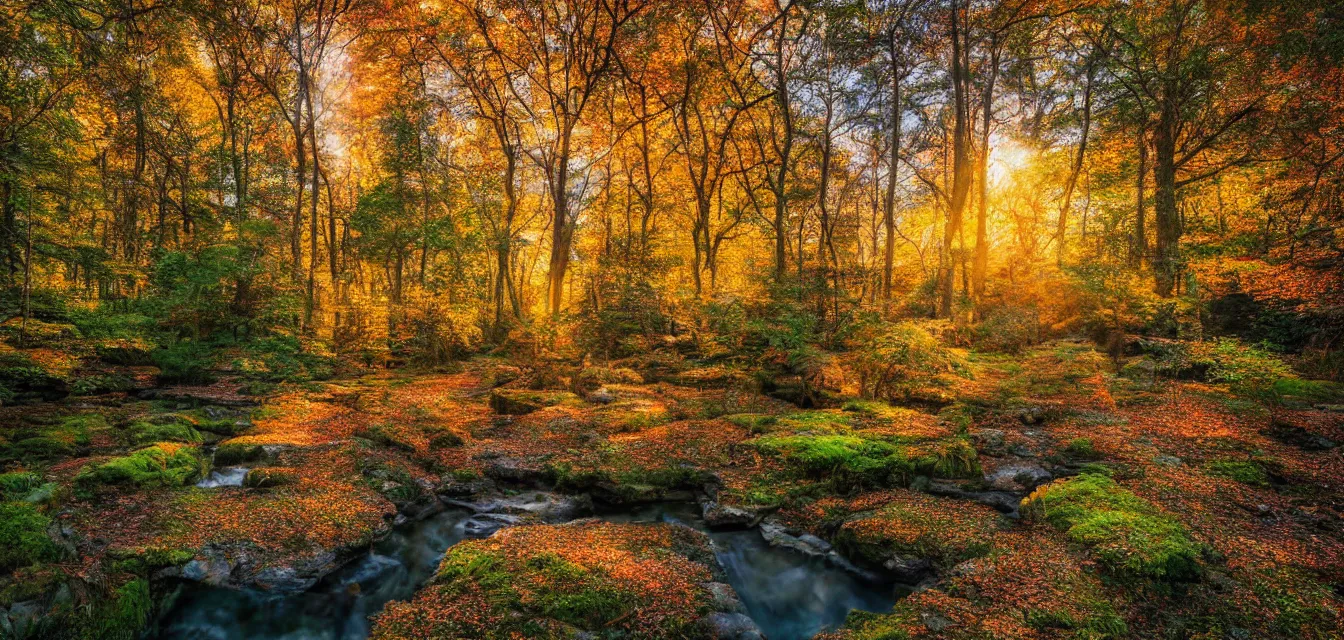 Prompt: stone cottages underneath a dense tall forest, pristine ponds. bodyscapes. fine painting intricate brush strokes, bright depth oil colors. 2 8 mm perspective multisourced photography by araken alcantara. intense promiseful happiness, autumn sunrise warm hdri forest light