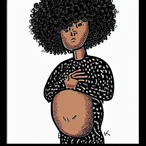 Image similar to a black woman with curly hair, pregnant, by keith harring, intricate details