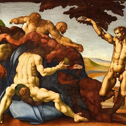 Image similar to michelangelo painting of The Creation of Adam except The hand on the left is a green alien hand with three thin fingers