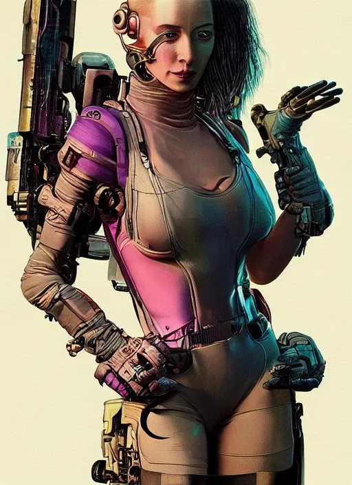 Image similar to cyberpunk goddess of ai in tactical harness and jumpsuit. portrait by stonehouse and mœbius and will eisner and gil elvgren and pixar. realistic proportions. dystopian. cyberpunk 2 0 7 7, apex, blade runner 2 0 4 9 concept art. cel shading. attractive face. thick lines.