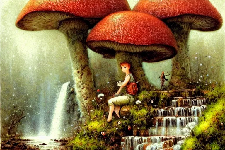 Image similar to adventurer ( ( ( ( ( 1 9 5 0 s retro future steam turbine and mill in forrest of giant mushrooms, moss and flowers stone bridge waterfall. muted colors. ) ) ) ) ) by jean baptiste monge!!!!!!!!!!!!!!!!!!!!!!!!! chrome red