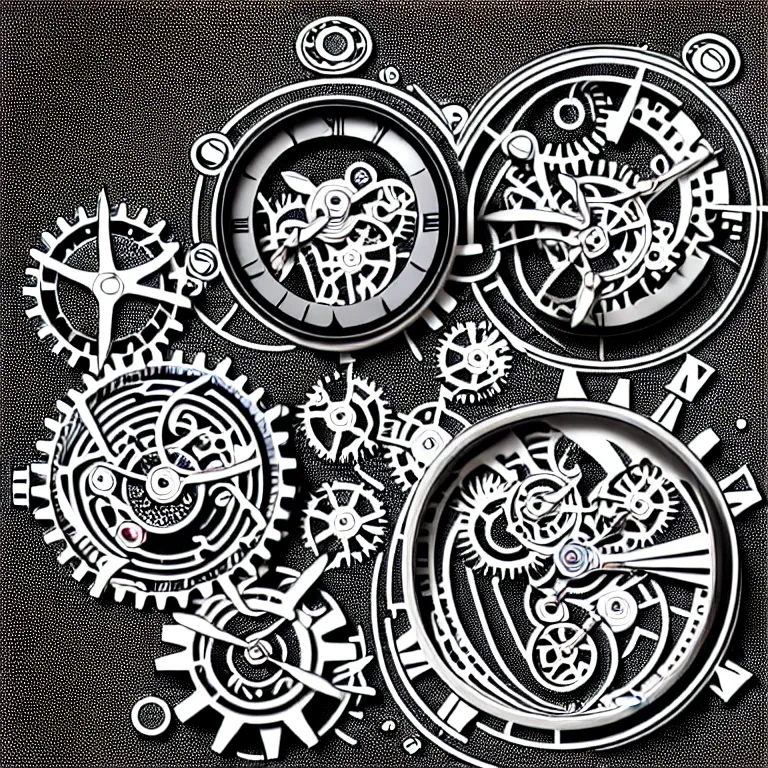 Image similar to a black and white drawing of variety of sea life and mechanical gears cogs inside a watch, a microscopic photo by ernst haeckel, zbrush central, kinetic pointillism, intricate patterns, photoillustration