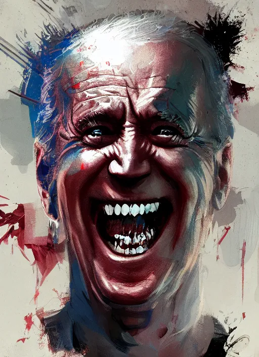 Image similar to crazy mad Joe Biden grinning demonic sadistic smile all powerful emperor of the world, high contrast, cosmic horror, abstract, masterpiece, trending on ArtStation, by Greg Rutkovski and by Craig Mullins and by David Cronenberg and by Ismail Inceoglu