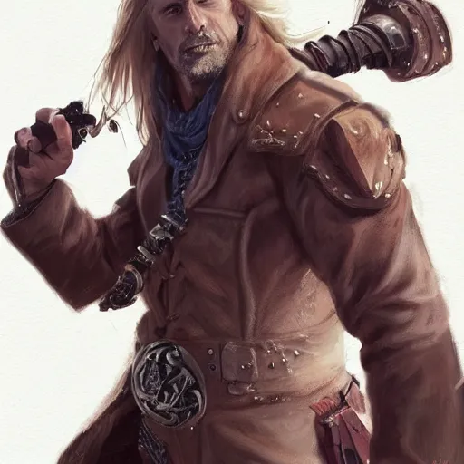 Image similar to portrait of a muscular, grim, ponytail haired blonde man in his late 30's, wearing a thick brown leather coat, looking to his side, scarred face, blue eyes, hunter, DnD character, fantasy character, dramatic lighting, digital art by Ruan Jia, Krenz Cushart, Rossdraws and Boris Vallejo