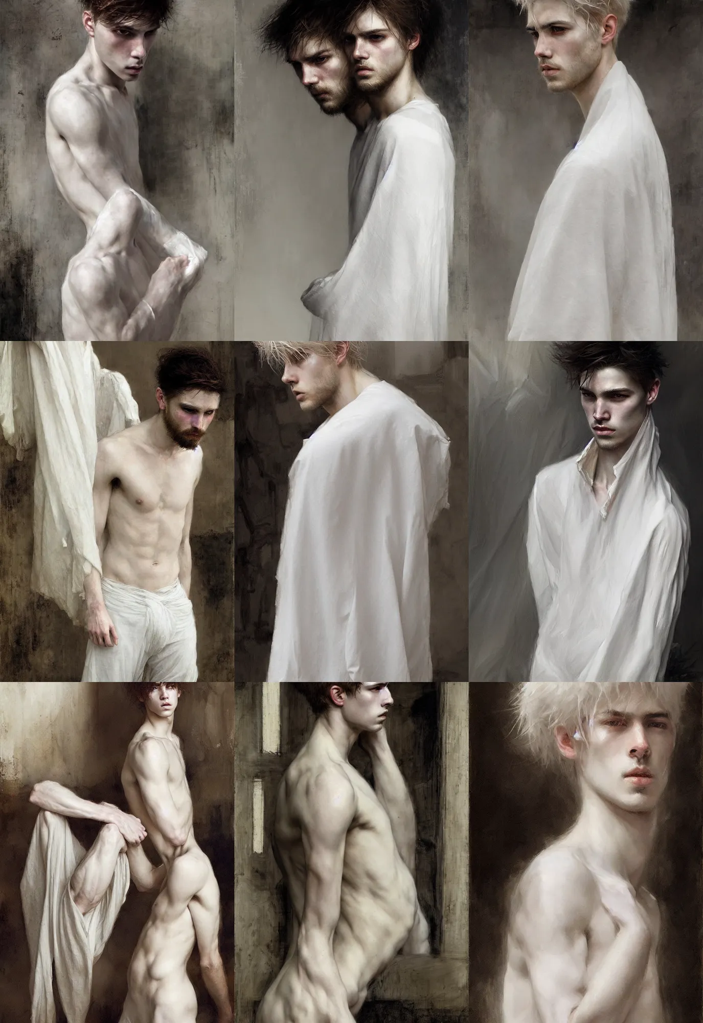 Prompt: a ghost young attractive men with white!!!!!! hair quietly watching the living continue their lives. waterhouse. geoffroy thoorens. ultra clear detailed
