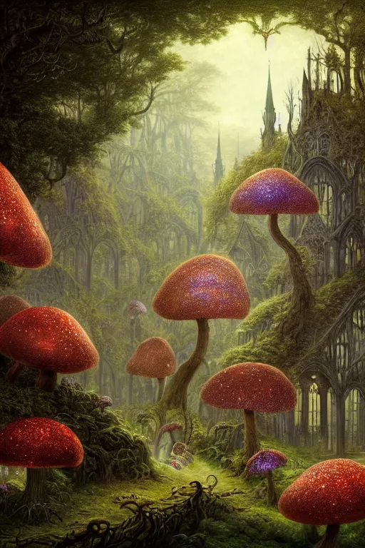 Prompt: a beautiful digital illustration painting of a detailed gothic fantasy sparkles and overgrown roots, dark mushroom, flowers by benoit b. mandelbrot, steven belledin, martin johnson heade, lee madgwick, caspar david friedrich, and david rios ferreira. 8 k resolution trending on artstation concept art digital illustration