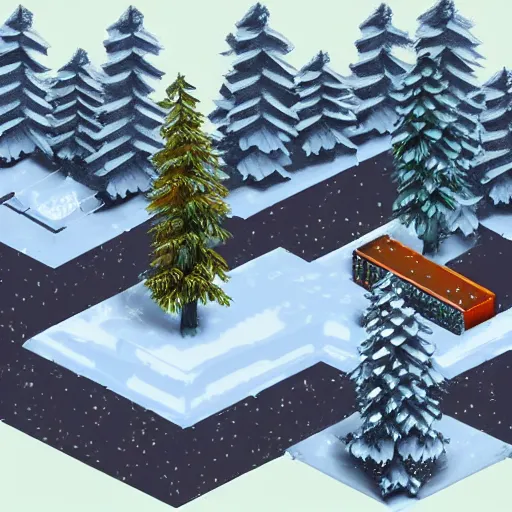 Prompt: isometric forest in winter, game art in style of sephirotart, glow